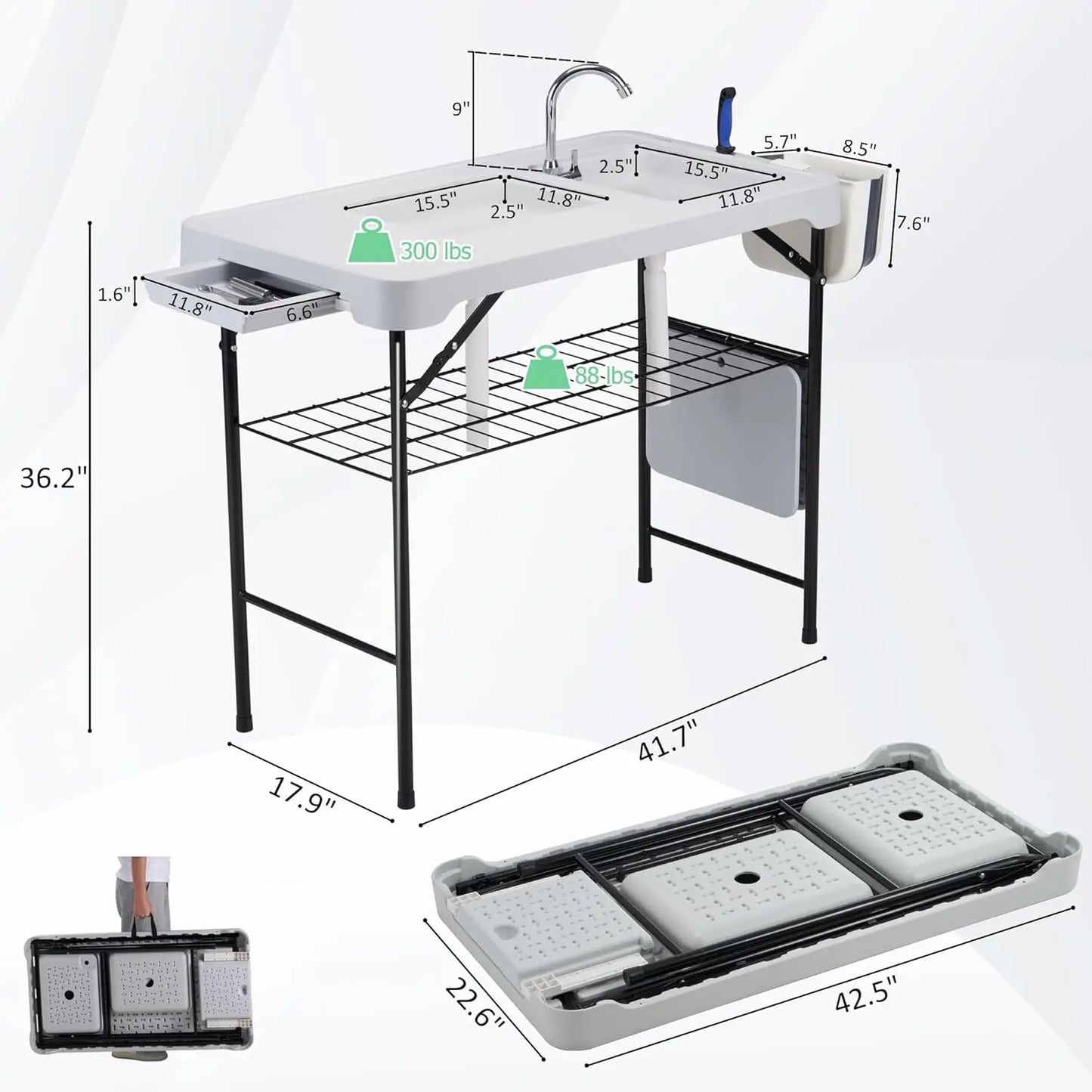 42'' Outdoor Fish Cleaning Table Portable Camping Sink Station with Double Sinks