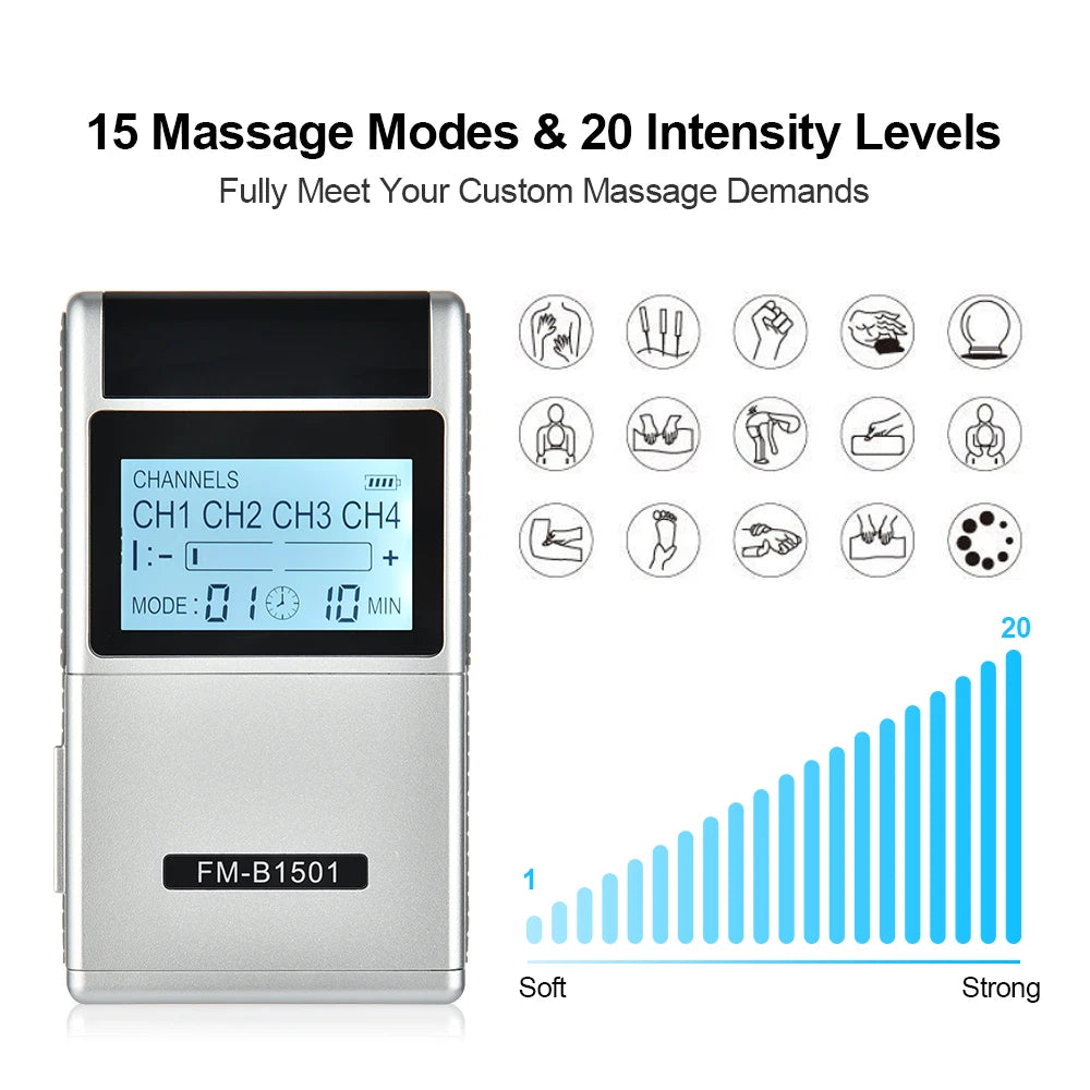 15 Modes TENS EMS Therapy Digital Electric Muscle Stimulator Massager With Electrode Pads