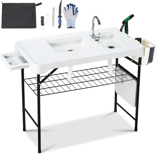 42'' Outdoor Fish Cleaning Table Portable Camping Sink Station with Double Sinks